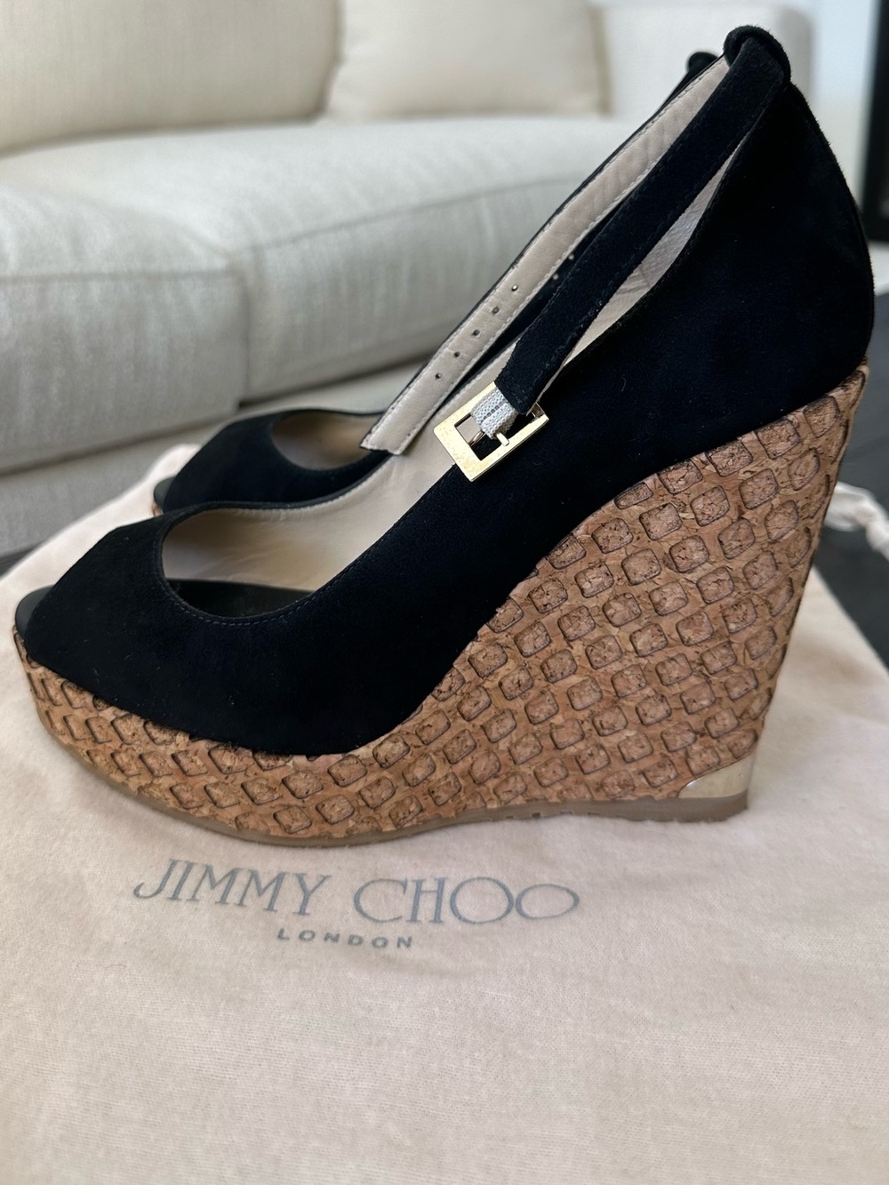Jimmy Choo Black Suede Peep-Toe Cork Wedge Platforms, Authentic